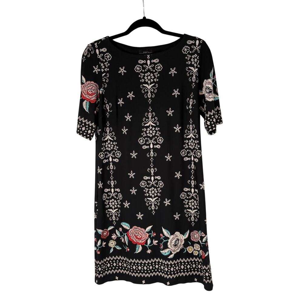 R&K Black Floral Print Short Sleeve Stretchy Shift Dress Sz 6 Womens